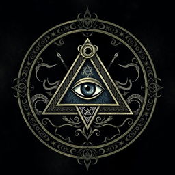 A detailed and mysterious representation of the Illuminati symbol, featuring an all-seeing eye within a pyramid, surrounded by intricate and cryptic designs