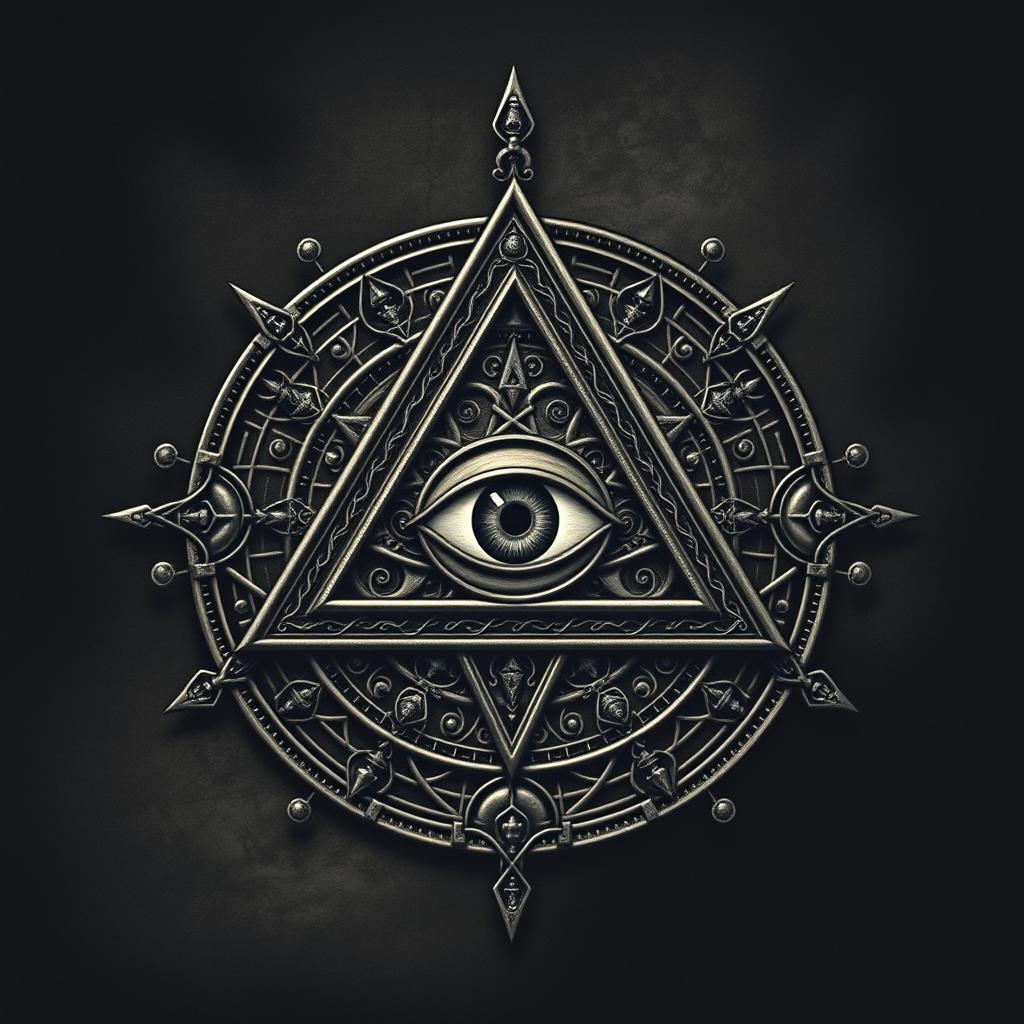 A detailed and mysterious representation of the Illuminati symbol, featuring an all-seeing eye within a pyramid, surrounded by intricate and cryptic designs