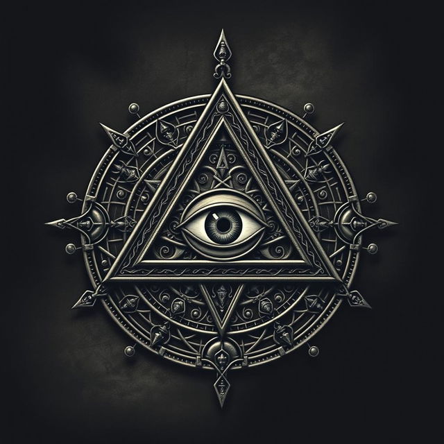 A detailed and mysterious representation of the Illuminati symbol, featuring an all-seeing eye within a pyramid, surrounded by intricate and cryptic designs