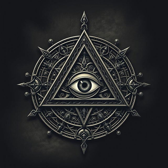 A detailed and mysterious representation of the Illuminati symbol, featuring an all-seeing eye within a pyramid, surrounded by intricate and cryptic designs