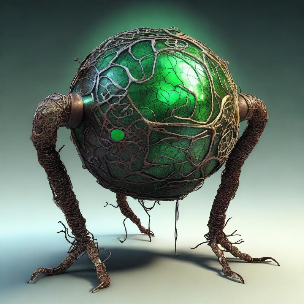 Create an image of the Verdant Sentinel with a large, metallic orb as its central body, featuring a cracked, glowing core and surrounded by rune-inscribed panels and alien symbols