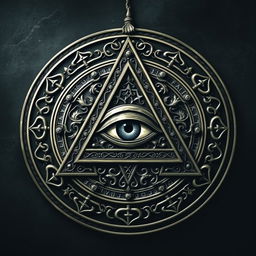 A detailed and mysterious representation of the Illuminati symbol, featuring an all-seeing eye within a pyramid, surrounded by intricate and cryptic designs