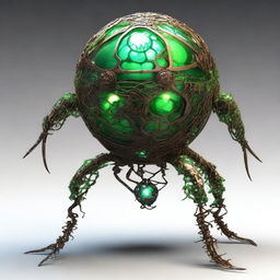 Create an image of the Verdant Sentinel with a large, metallic orb as its central body, featuring a cracked, glowing core and surrounded by rune-inscribed panels and alien symbols