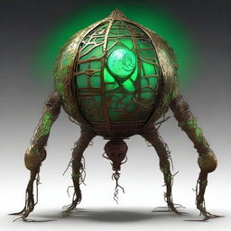 Create an image of the Verdant Sentinel with a large, metallic orb as its central body, featuring a cracked, glowing core and surrounded by rune-inscribed panels and alien symbols