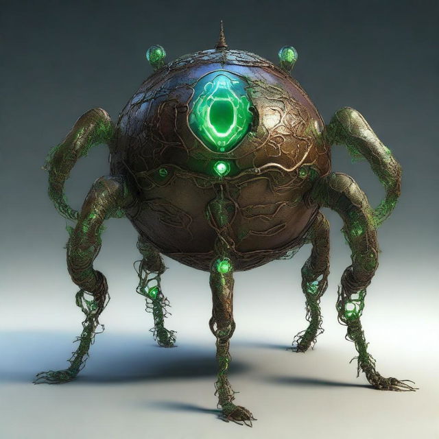 Create an image of the Verdant Sentinel with a large, metallic orb as its central body, featuring a cracked, glowing core and surrounded by rune-inscribed panels and alien symbols