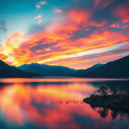 Create an image of a beautiful sunrise over a serene lake with mountains in the background