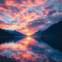 Create an image of a beautiful sunrise over a serene lake with mountains in the background