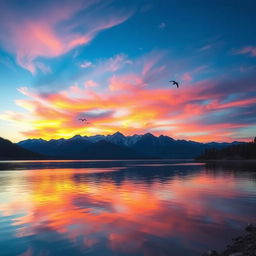 Create an image of a beautiful sunrise over a serene lake with mountains in the background