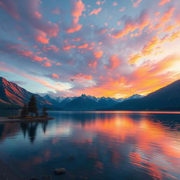 Create an image of a beautiful sunrise over a serene lake with mountains in the background