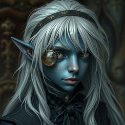 An elf with dark blue skin and white freckles