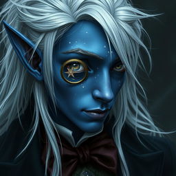 An elf with dark blue skin and white freckles