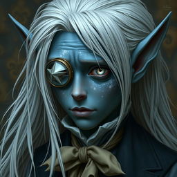 An elf with dark blue skin and white freckles