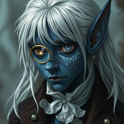 An elf with dark blue skin and white freckles