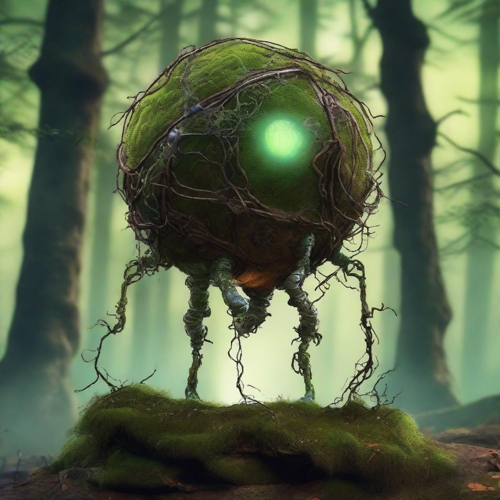 Create an image of the Verdant Sentinel with a large, metallic orb body, cracked glowing core, rune-inscribed panels, and four long, multi-jointed legs made of rusted metal and vines