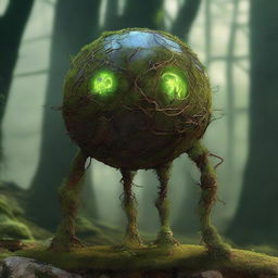 Create an image of the Verdant Sentinel with a large, metallic orb body, cracked glowing core, rune-inscribed panels, and four long, multi-jointed legs made of rusted metal and vines