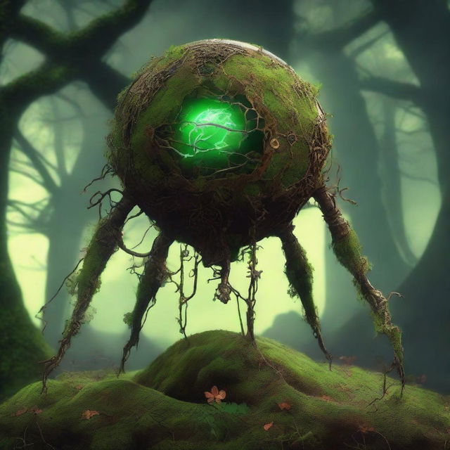 Create an image of the Verdant Sentinel with a large, metallic orb body, cracked glowing core, rune-inscribed panels, and four long, multi-jointed legs made of rusted metal and vines