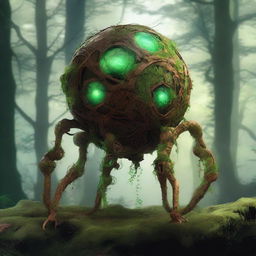 Create an image of the Verdant Sentinel with a large, metallic orb body, cracked glowing core, rune-inscribed panels, and four long, multi-jointed legs made of rusted metal and vines