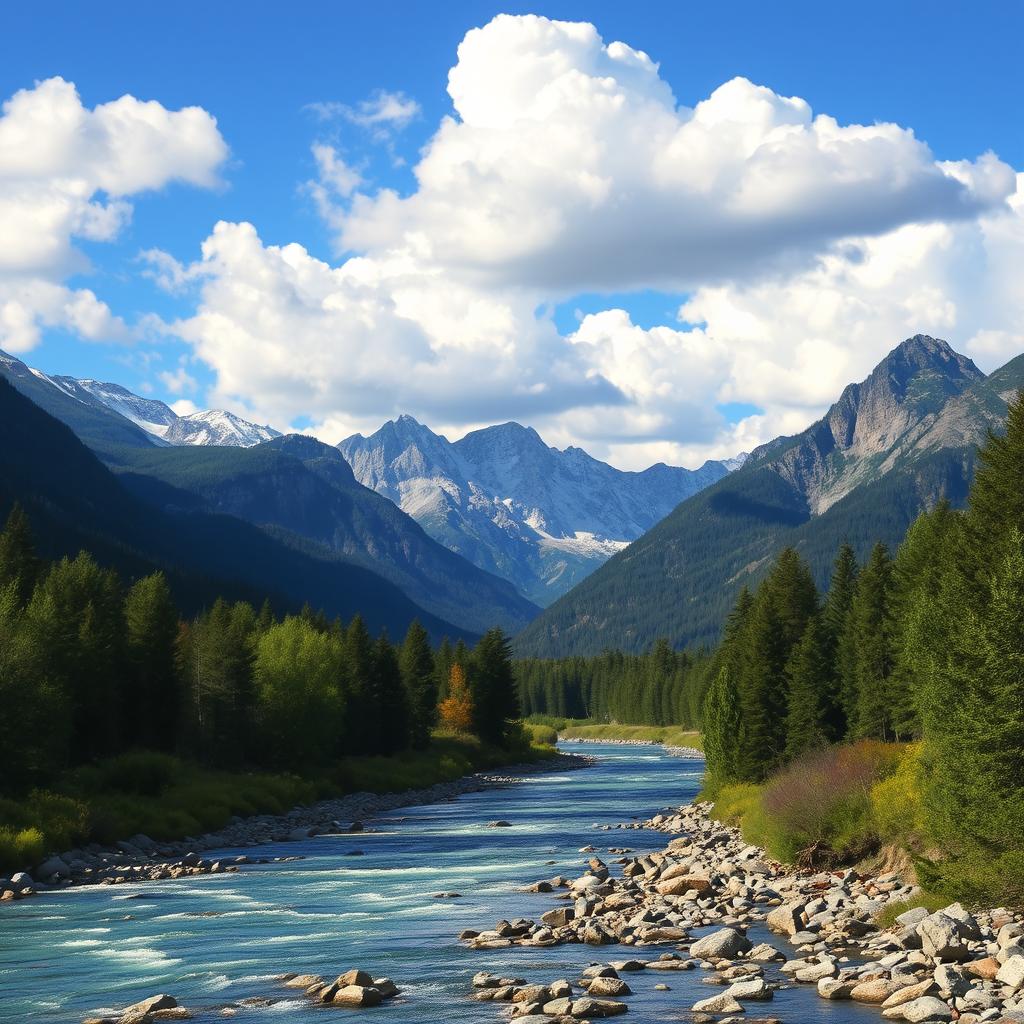 A beautiful landscape with mountains, a river flowing through a forest, and a clear blue sky with fluffy white clouds