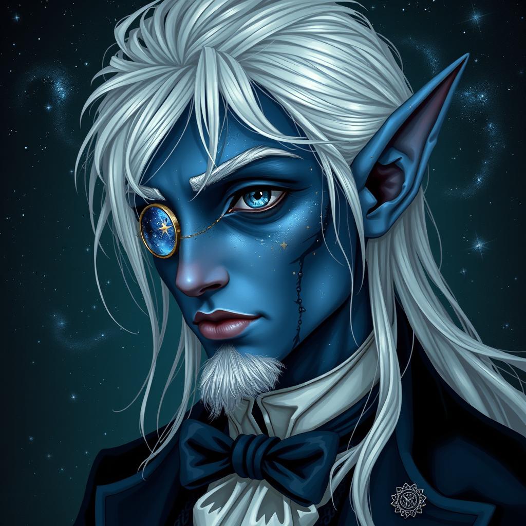 A male elf with dark blue skin that looks like outer space, complete with stars and galaxies