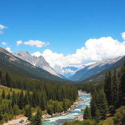 A beautiful landscape with mountains, a river flowing through a forest, and a clear blue sky with fluffy white clouds