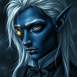 A male elf with dark blue skin that looks like outer space, complete with stars and galaxies