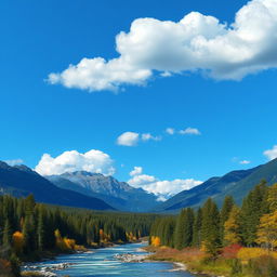 A beautiful landscape with mountains, a river flowing through a forest, and a clear blue sky with fluffy white clouds