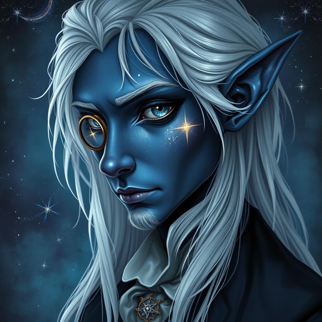 A male elf with dark blue skin that looks like outer space, complete with stars and galaxies