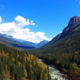 A beautiful landscape with mountains, a river flowing through a forest, and a clear blue sky with fluffy white clouds