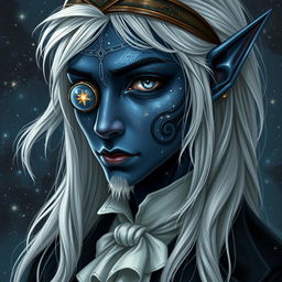 A male elf with dark blue skin that looks like outer space, complete with stars and galaxies