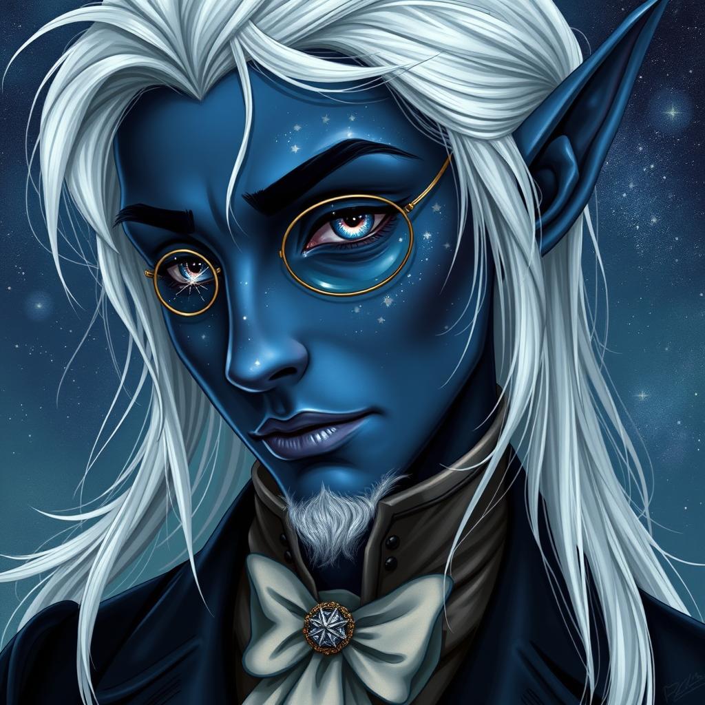 A male elf with dark blue skin that looks like outer space, complete with stars and galaxies