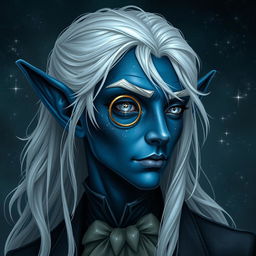 A male elf with dark blue skin that looks like outer space, complete with stars and galaxies