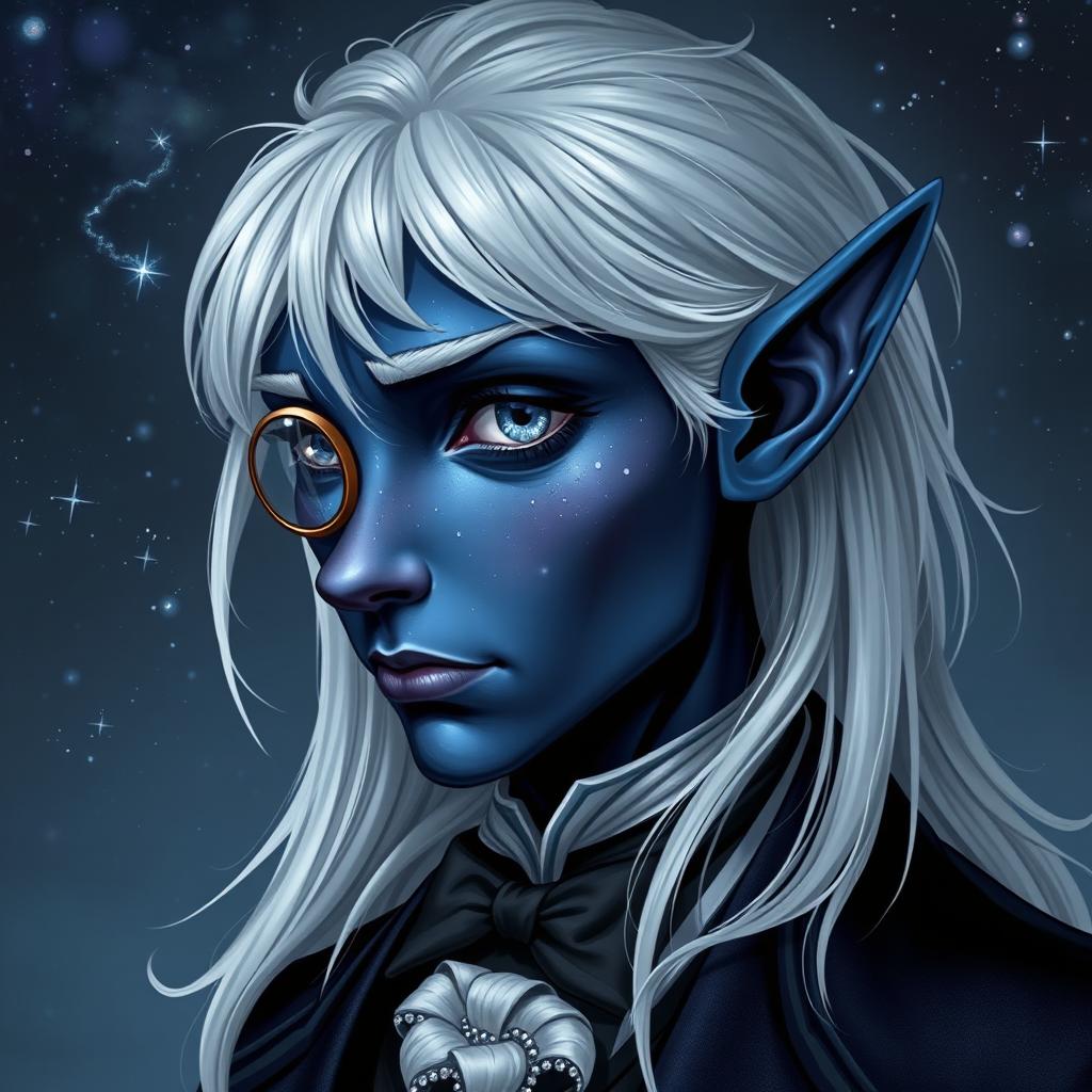 A male elf with dark blue skin that looks like outer space, complete with stars and galaxies