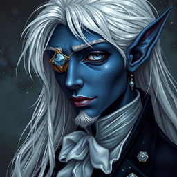 A male elf with dark blue skin that looks like outer space, complete with stars and galaxies