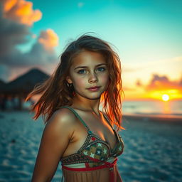 A cute American girl in a war bikini standing on a sea beach during sunset