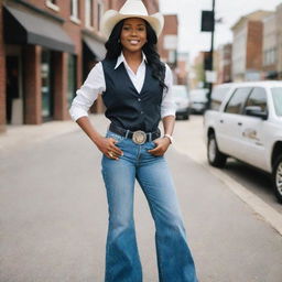 A stylish African American girl wearing a white vest, black button-down shirt, blue wide-legged jeans, complemented with a chic white cowboy hat.