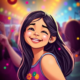 A cheerful girl named Priya bobbing her head to music, with a joyful expression on her face