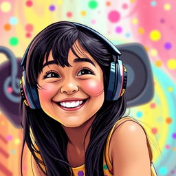 A cheerful girl named Priya bobbing her head to music, with a joyful expression on her face