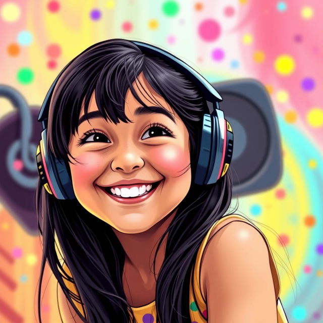 A cheerful girl named Priya bobbing her head to music, with a joyful expression on her face