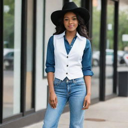 A stylish African American girl wearing a white vest, black button-down shirt, blue wide-legged jeans, complemented with a chic white cowboy hat.