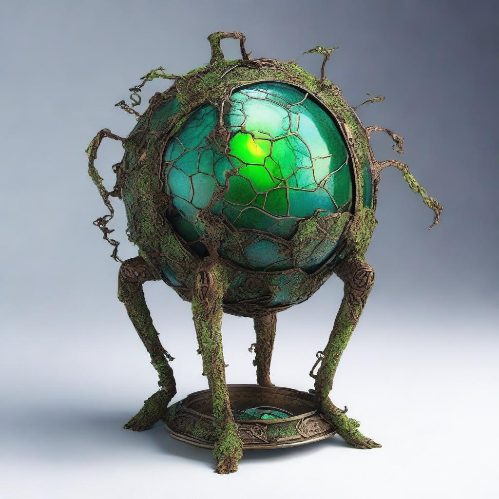 Create an image of the Verdant Sentinel with a large, metallic orb body, cracked surface revealing a glowing green core