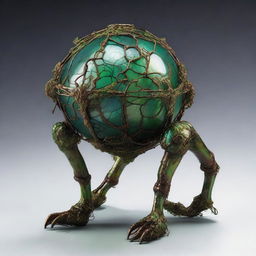 Create an image of the Verdant Sentinel with a large, metallic orb body, cracked surface revealing a glowing green core