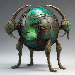 Create an image of the Verdant Sentinel with a large, metallic orb body, cracked surface revealing a glowing green core