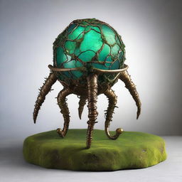 Create an image of the Verdant Sentinel with a large, metallic orb body, cracked surface revealing a glowing green core