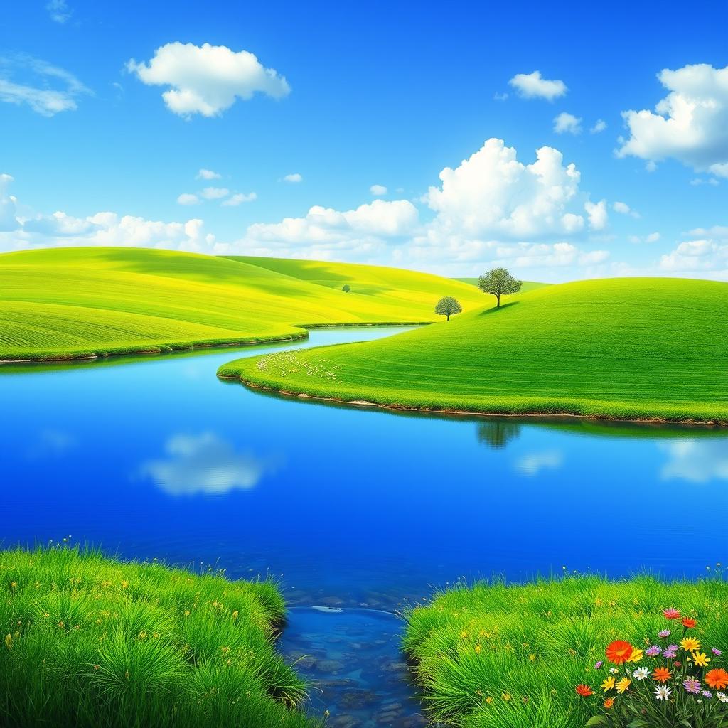 Create an image that depicts a serene landscape with a clear blue sky, lush green fields, and a calm river flowing through the scene