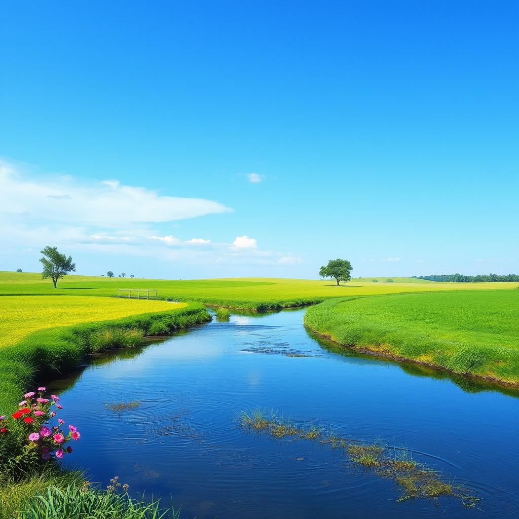 Create an image that depicts a serene landscape with a clear blue sky, lush green fields, and a calm river flowing through the scene