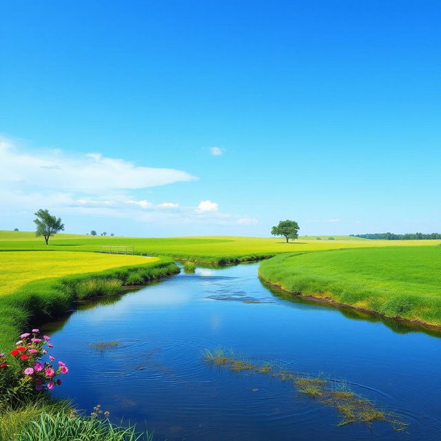 Create an image that depicts a serene landscape with a clear blue sky, lush green fields, and a calm river flowing through the scene