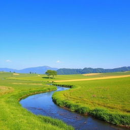 Create an image that depicts a serene landscape with a clear blue sky, lush green fields, and a calm river flowing through the scene