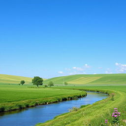 Create an image that depicts a serene landscape with a clear blue sky, lush green fields, and a calm river flowing through the scene