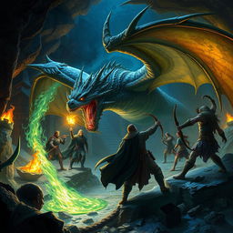 A detailed and epic scene from a Dungeons & Dragons campaign, featuring a group of adventurers battling a fearsome dragon in a dark, mystical dungeon