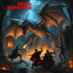 A detailed and epic scene from a Dungeons & Dragons campaign, featuring a group of adventurers battling a fearsome dragon in a dark, mystical dungeon